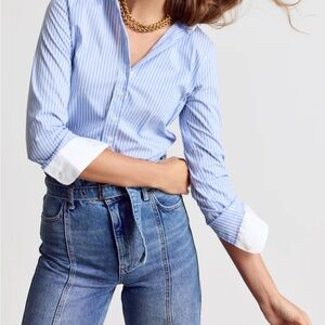 The Shirt Rochelle Behrens White and Blue Striped Button Up Blouse